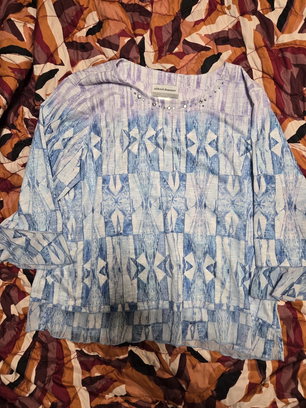 Alfred Dunner Blue and Lavender Geometric Pullover Top